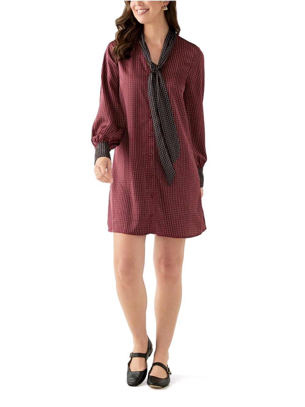 CECE Tie-Neck Mini Dress in Burgundy Plaid.